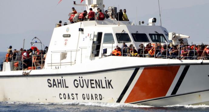 Bodrum Coast Guard Command teams rescue 50 people, who were illegally trying to reach Kos Island of Greece, off the coast of Bitez after their boat starts to leak.