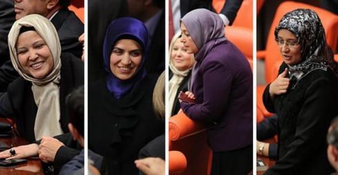 AK Party Konya Deputies Gulay Samanci, Kahramanmaras Deputy Sevde Beyazit Kacar, Denizli Deputy Nurcan Dalbudak and Mardin Deputies Gonul Bekin Sahkulubey attend the parliament wearing headscarves.