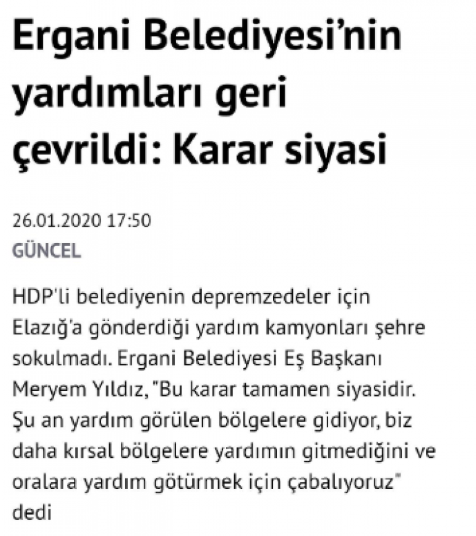 HDP'li belediyelerin Elazığ'a gönderdiği yardımlar geri çevrildi" manipülasyonu